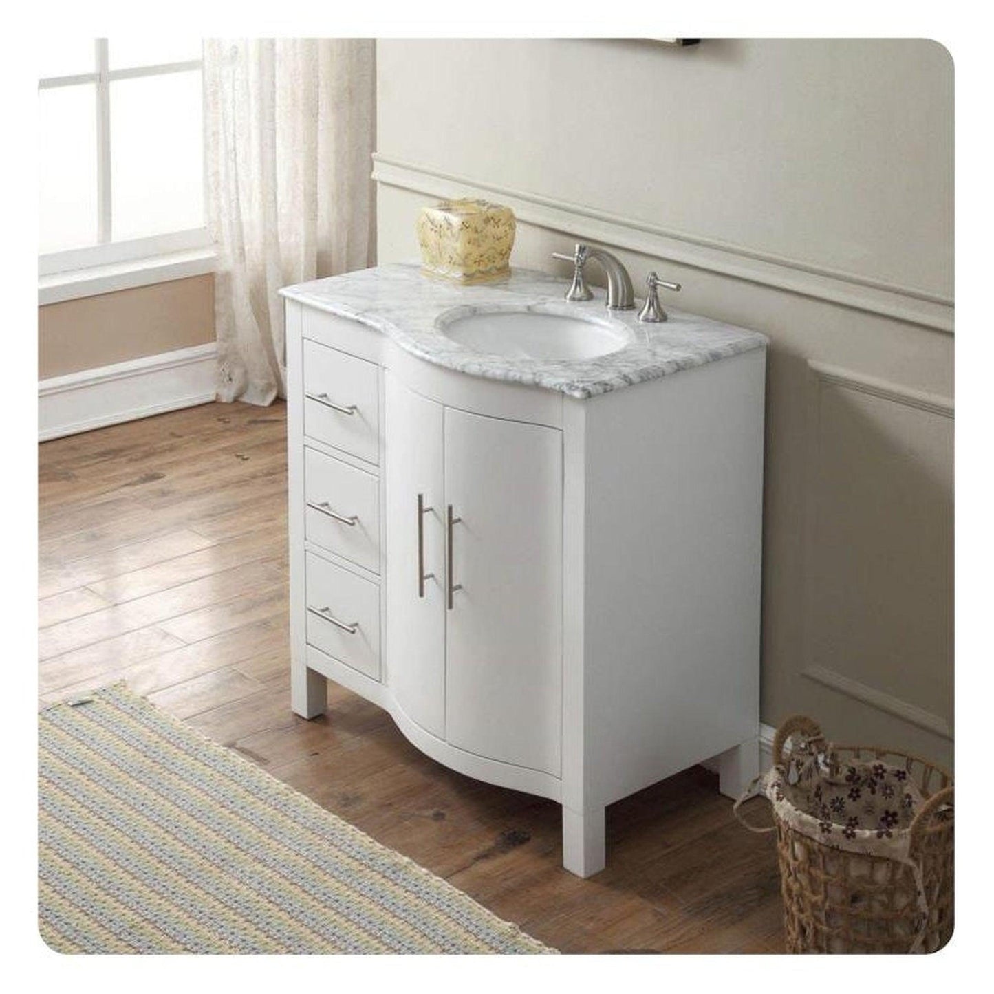 Silkroad Exclusive 36" Single Right Sink White Bathroom Vanity With Carrara White Marble Countertop and White Ceramic Undermount Sink