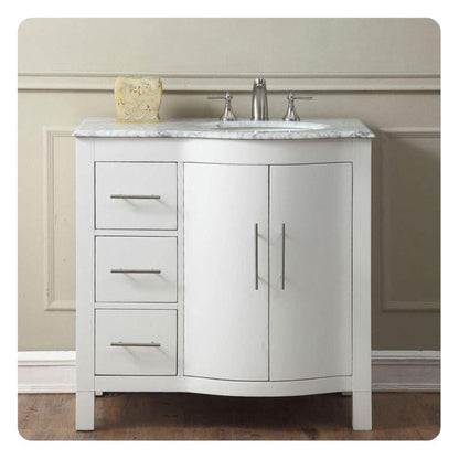 Silkroad Exclusive 36" Single Right Sink White Bathroom Vanity With Carrara White Marble Countertop and White Ceramic Undermount Sink