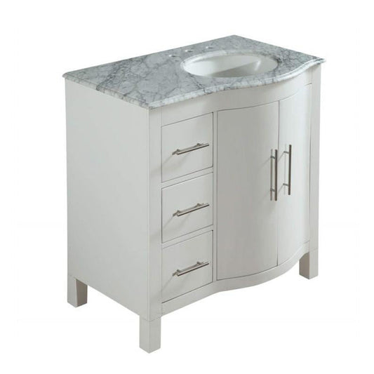 Silkroad Exclusive 36" Single Right Sink White Bathroom Vanity With Carrara White Marble Countertop and White Ceramic Undermount Sink