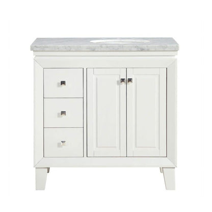 Silkroad Exclusive 36" Single Right Sink White Bathroom Vanity With Carrara White Marble Countertop and White Ceramic Undermount Sink