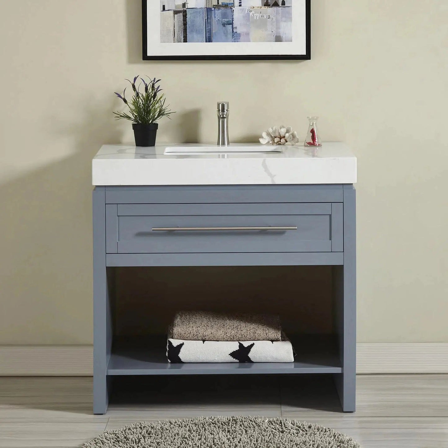 Silkroad Exclusive 36" Single Sink Bluish Gray Bathroom Vanity Base With Drawer and Shelf Storage