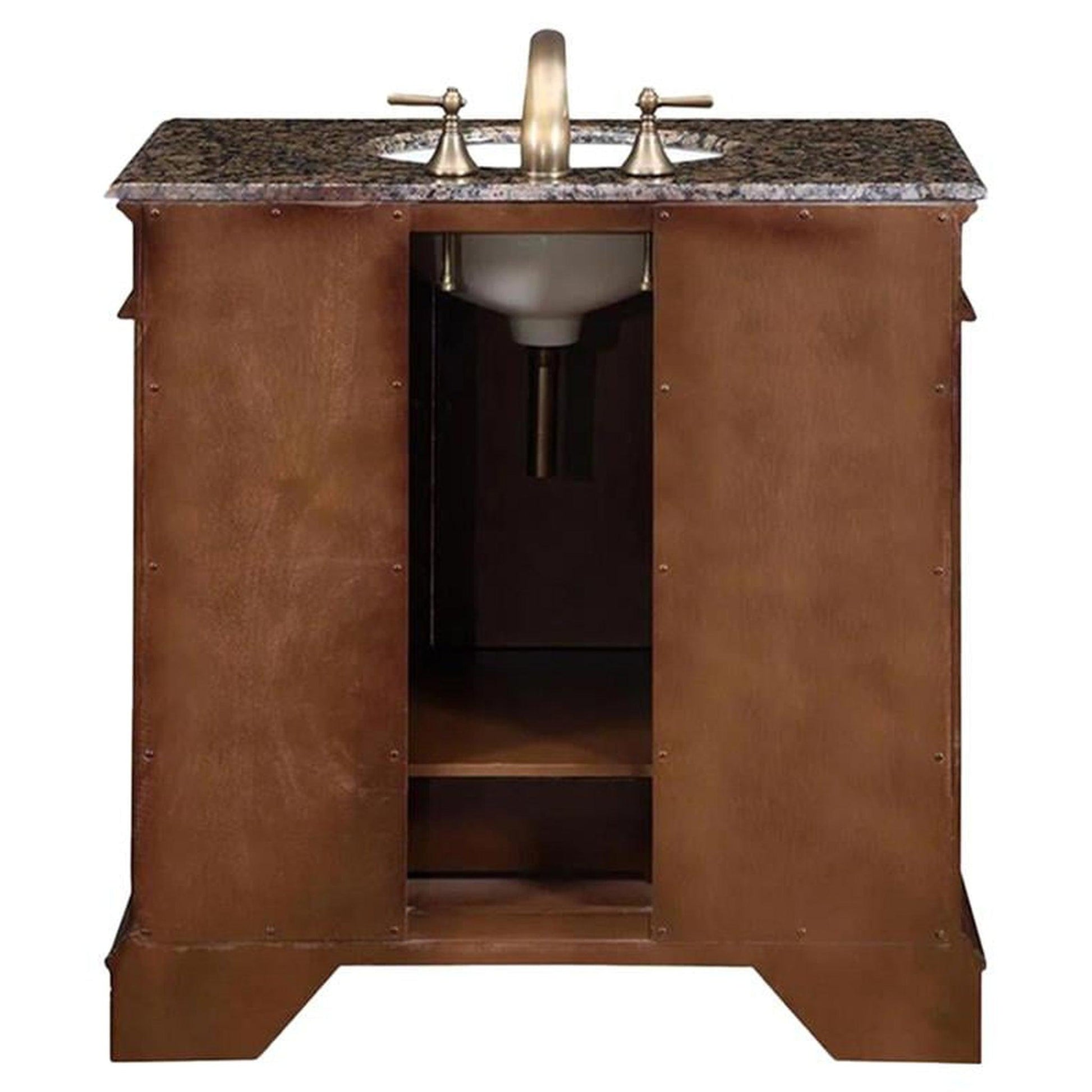 Silkroad Exclusive 36" Single Sink English Chestnut Bathroom Vanity With Baltic Brown Granite Countertop and White Ceramic Undermount Sink