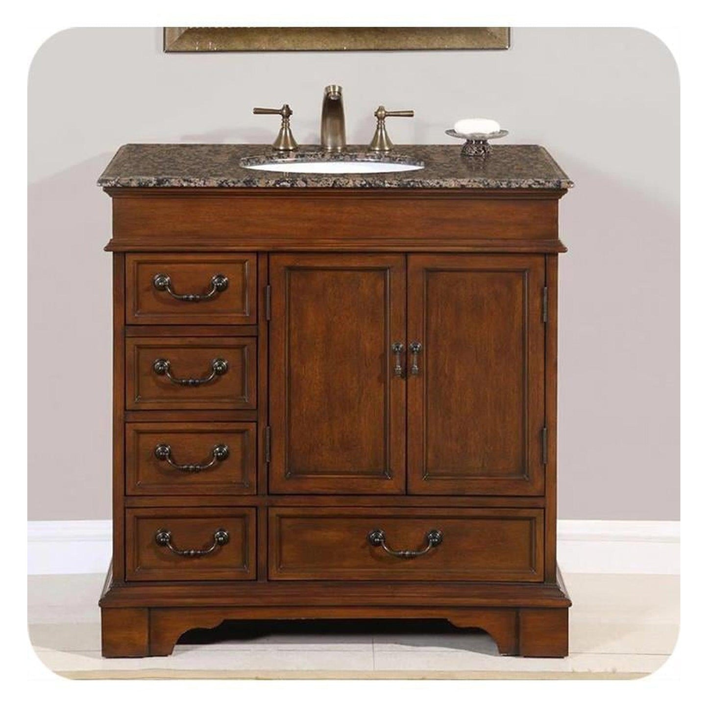 Silkroad Exclusive 36" Single Sink English Chestnut Bathroom Vanity With Baltic Brown Granite Countertop and White Ceramic Undermount Sink