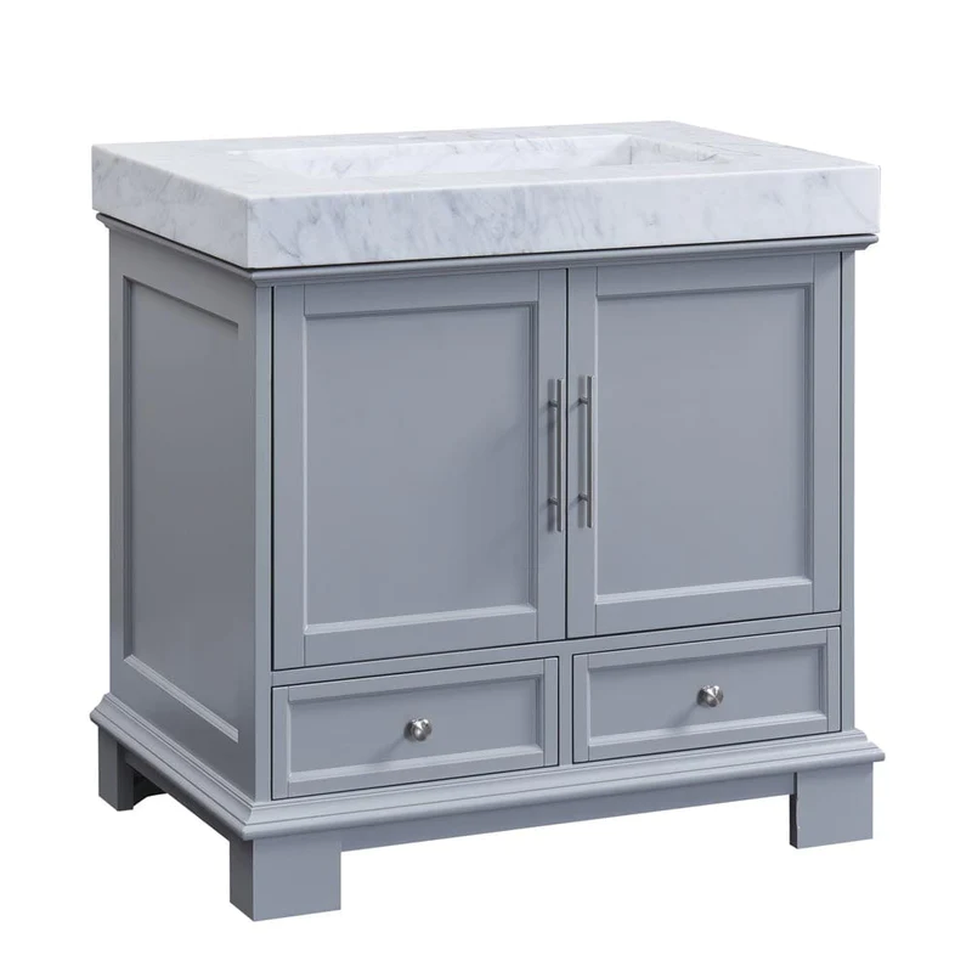 Silkroad Exclusive 36" Single Sink Gray Bathroom Vanity With White Carrara Marble Countertop and Marbled Integrated Ramp Sink