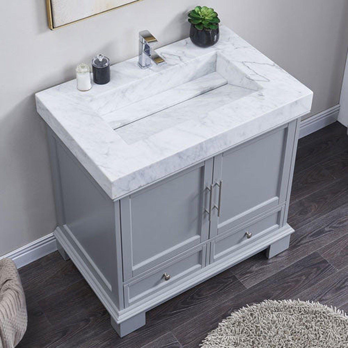 Silkroad Exclusive 36" Single Sink Gray Bathroom Vanity With White Carrara Marble Countertop and Marbled Integrated Ramp Sink