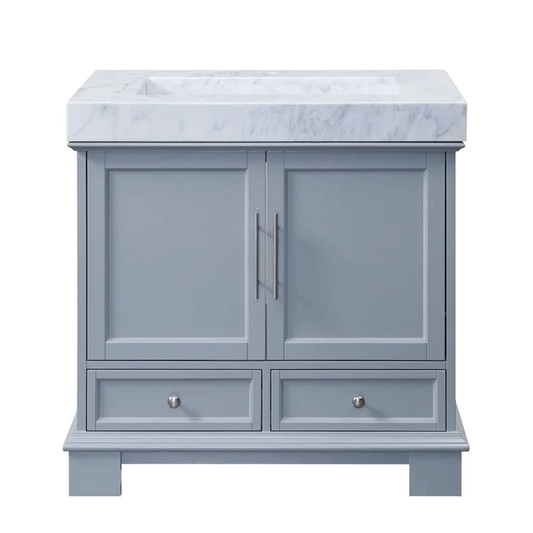 Silkroad Exclusive 36" Single Sink Gray Bathroom Vanity With White Carrara Marble Countertop and Marbled Integrated Ramp Sink
