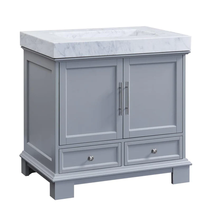 Silkroad Exclusive 36" Single Sink Gray Bathroom Vanity With White Carrara Marble Countertop and White Ceramic Undermount Sink