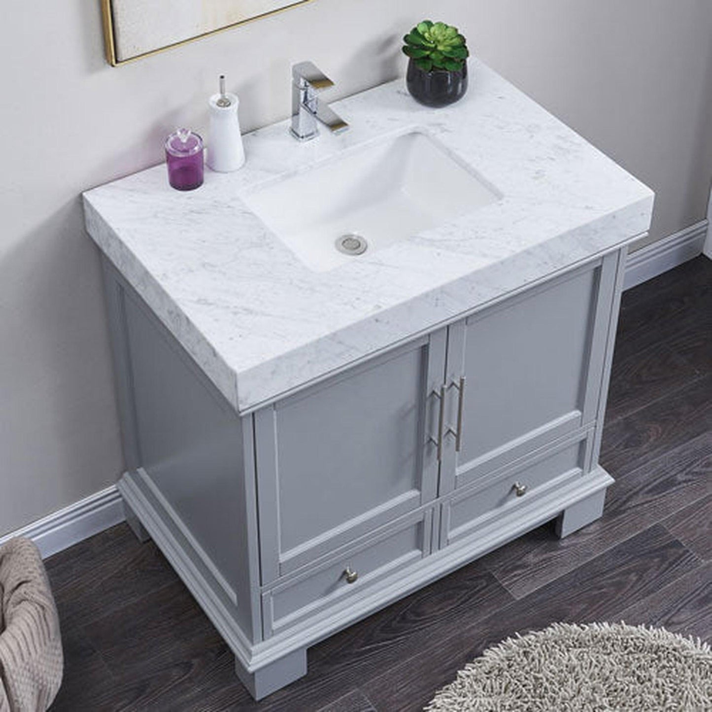 Silkroad Exclusive 36" Single Sink Gray Bathroom Vanity With White Carrara Marble Countertop and White Ceramic Undermount Sink