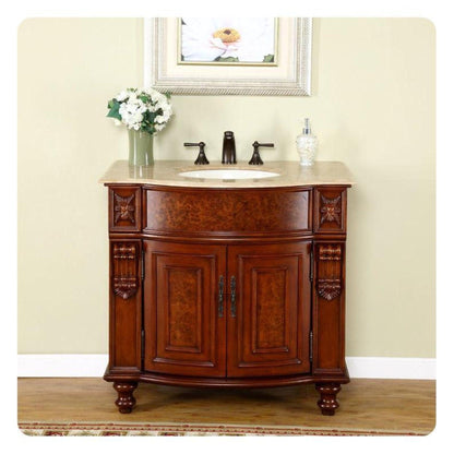 Silkroad Exclusive 36" Single Sink Natural Cherry Bathroom Vanity With Travertine Countertop and Ivory Ceramic Undermount Sink