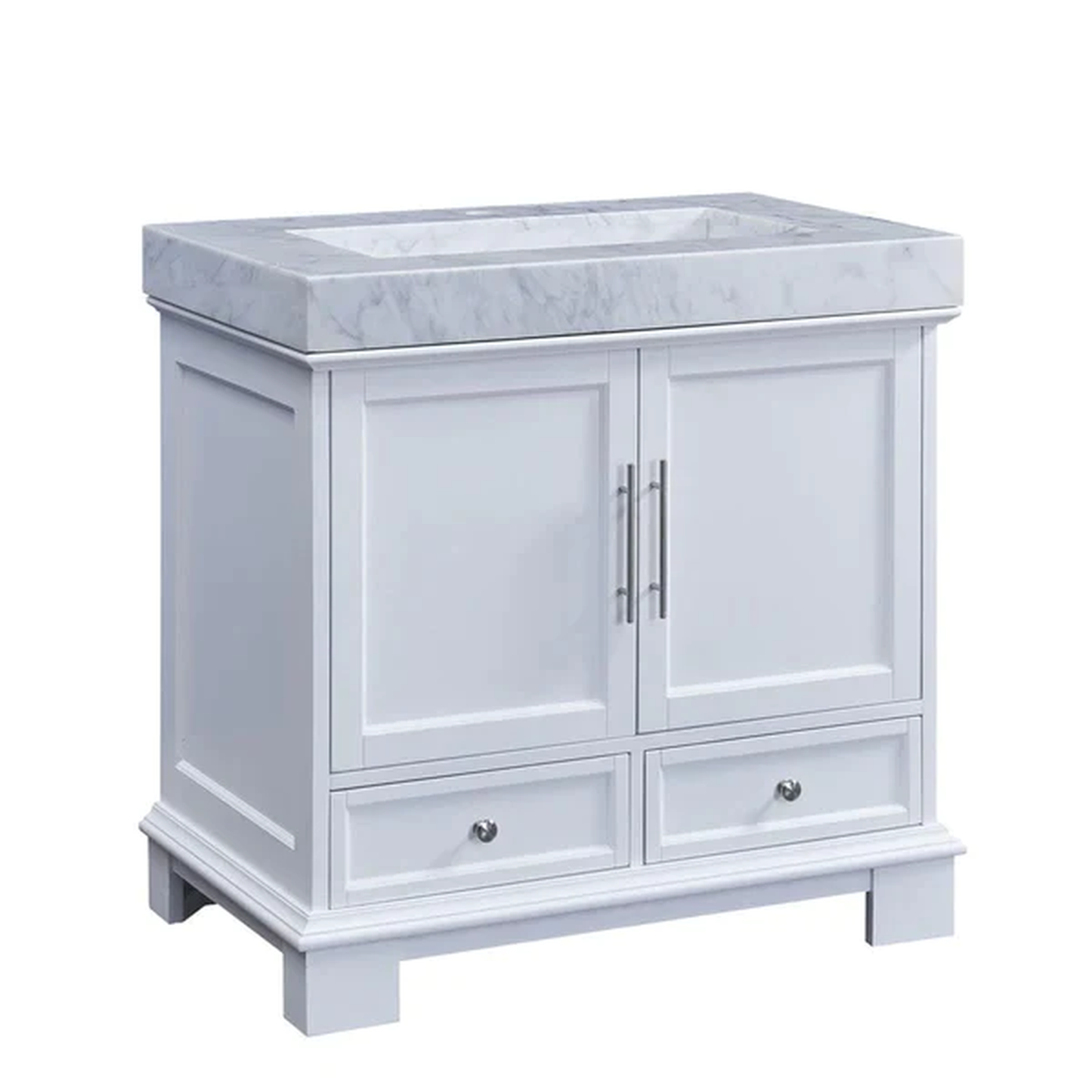 Silkroad Exclusive 36" Single Sink White Bathroom Vanity With White Carrara Marble Countertop and Marbled Integrated Ramp Sink