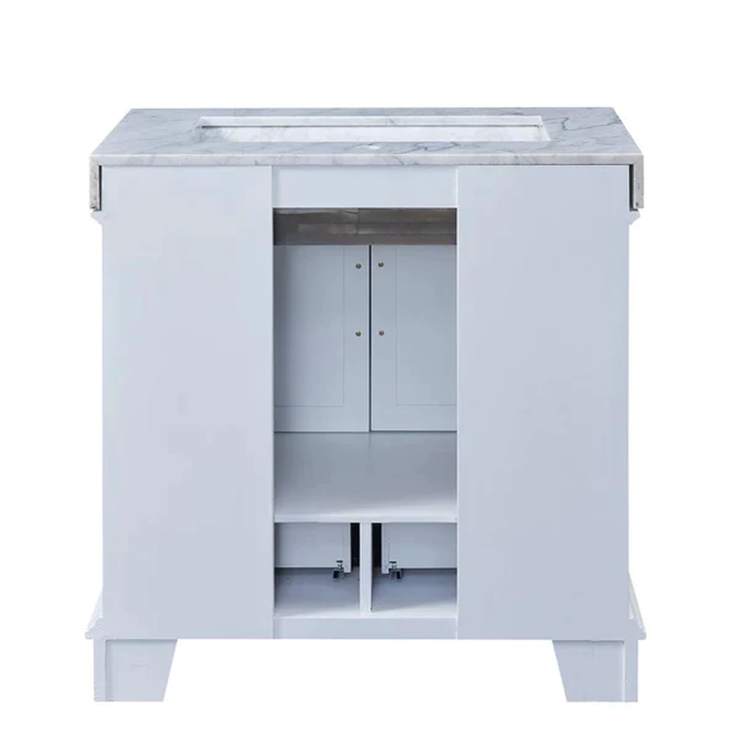 Silkroad Exclusive 36" Single Sink White Bathroom Vanity With White Carrara Marble Countertop and Marbled Integrated Ramp Sink