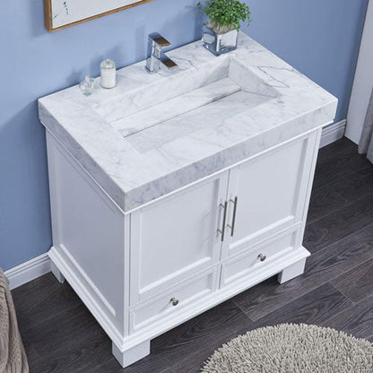 Silkroad Exclusive 36" Single Sink White Bathroom Vanity With White Carrara Marble Countertop and Marbled Integrated Ramp Sink