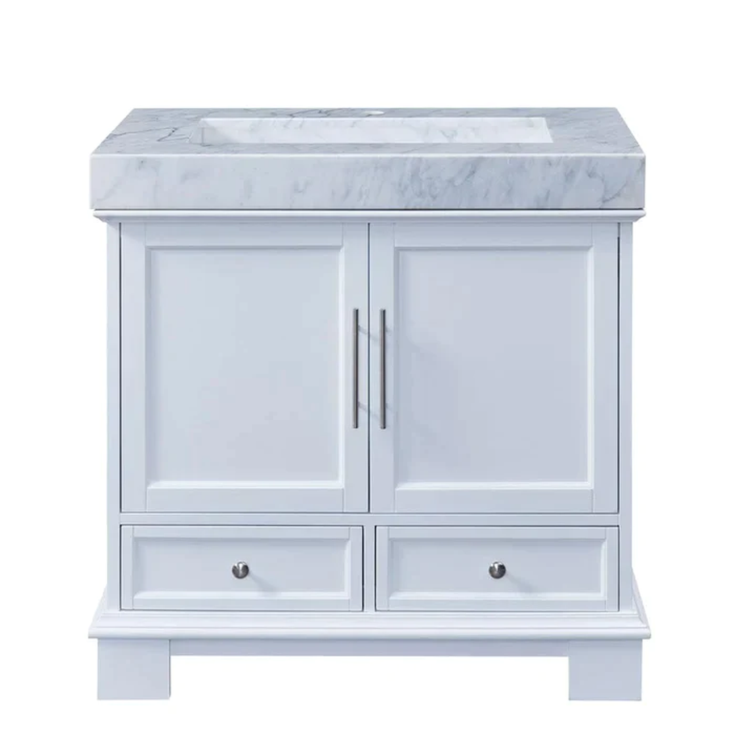 Silkroad Exclusive 36" Single Sink White Bathroom Vanity With White Carrara Marble Countertop and Marbled Integrated Ramp Sink