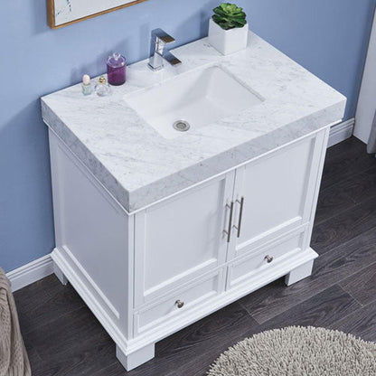 Silkroad Exclusive 36" Single Sink White Bathroom Vanity With White Carrara Marble Countertop and White Ceramic Undermount Sink