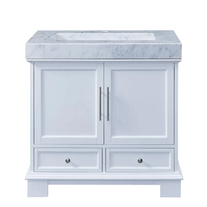 Silkroad Exclusive 36" Single Sink White Bathroom Vanity With White Carrara Marble Countertop and White Ceramic Undermount Sink