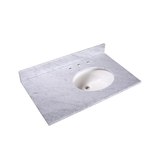Silkroad Exclusive 36" x 22" White Carrara Marble Vanity Top With White Single Oval Undermount Right Sink and 4" Backsplash