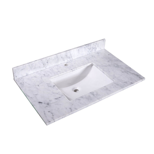 Silkroad Exclusive 36" x 22" White Carrara Marble Vanity Top With White Single Rectangular Undermount Sink and 4" Backsplash