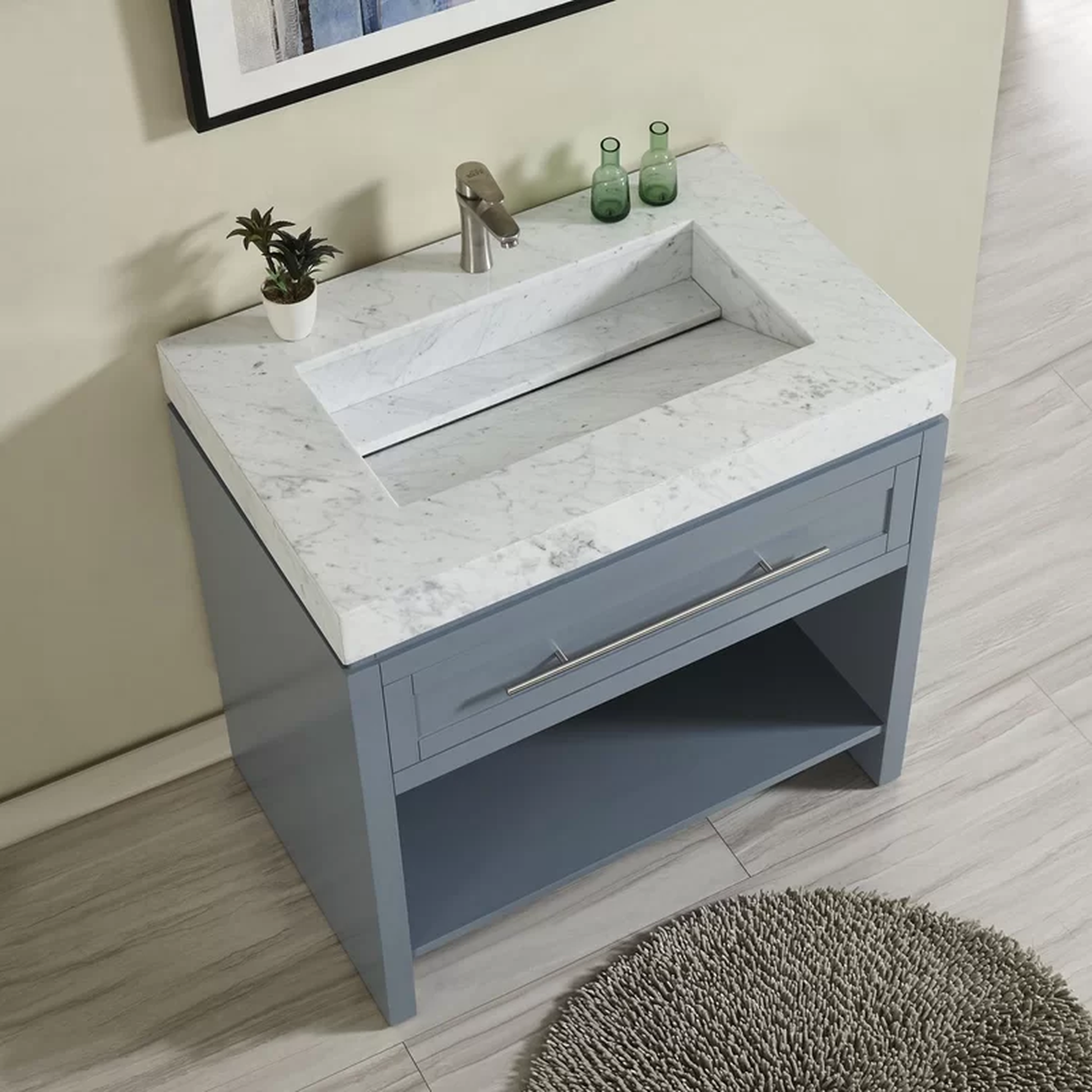 Silkroad Exclusive 36" x 23" White Carrara Marble Vanity Top With Single Rectangular Integrated Ramp Sink