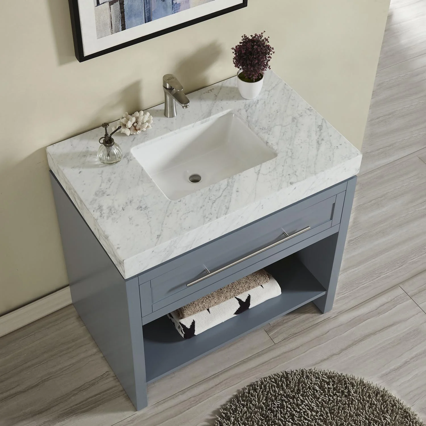 Silkroad Exclusive 36" x 23" White Carrara Marble Vanity Top With Single Rectangular Undermount Sink