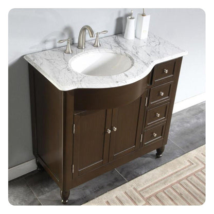 Silkroad Exclusive 38" Single Left Sink Dark Walnut Bathroom Vanity With Carrara White Marble Countertop and White Ceramic Undermount Sink