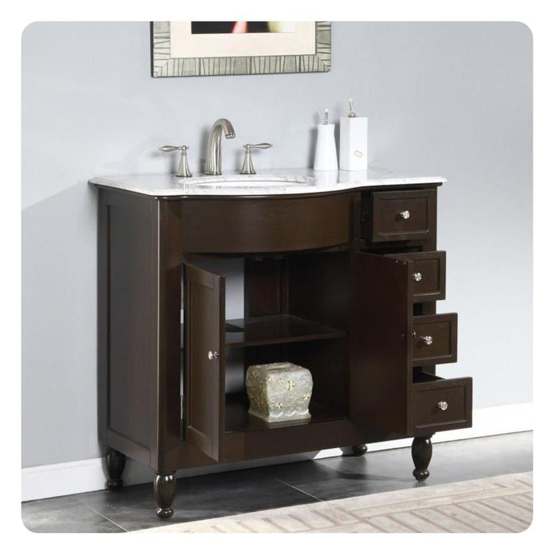 Silkroad Exclusive 38" Single Left Sink Dark Walnut Bathroom Vanity With Carrara White Marble Countertop and White Ceramic Undermount Sink