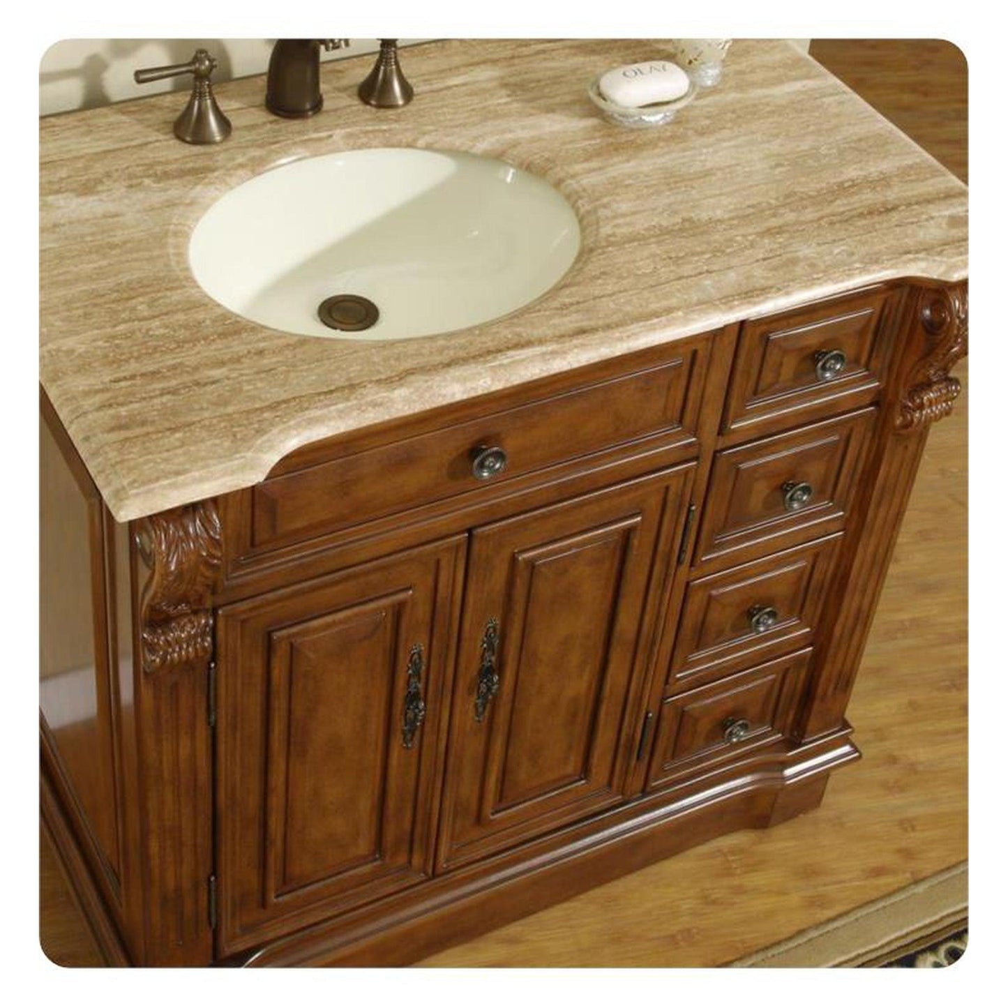 Silkroad Exclusive 38" Single Left Sink Walnut Bathroom Vanity With Travertine Countertop and Ivory Ceramic Undermount Sink