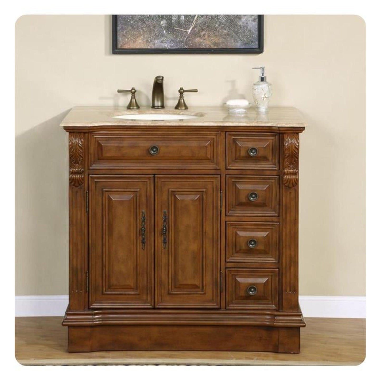 Silkroad Exclusive 38" Single Left Sink Walnut Bathroom Vanity With Travertine Countertop and Ivory Ceramic Undermount Sink