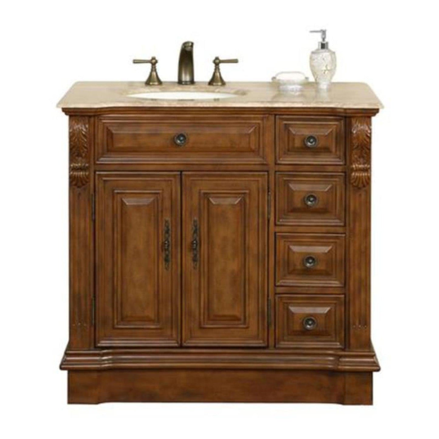 Silkroad Exclusive 38" Single Left Sink Walnut Bathroom Vanity With Travertine Countertop and Ivory Ceramic Undermount Sink