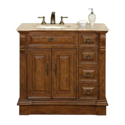 Silkroad Exclusive 38" Single Left Sink Walnut Bathroom Vanity With Travertine Countertop and Ivory Ceramic Undermount Sink