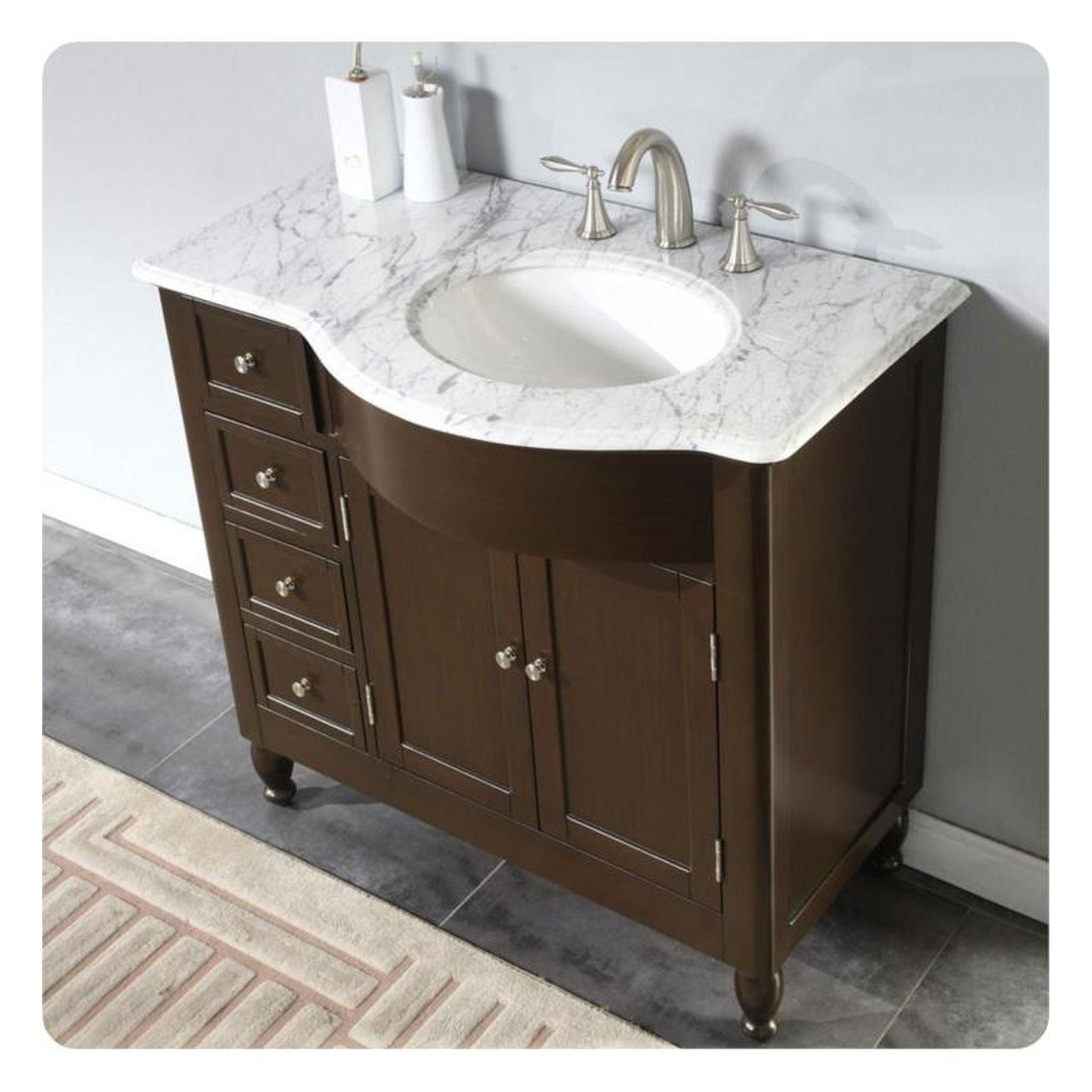 Silkroad Exclusive 38" Single Right Sink Dark Walnut Bathroom Vanity With Carrara White Marble Countertop and White Ceramic Undermount Sink