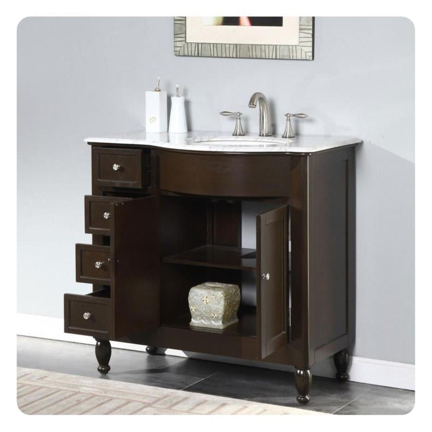 Silkroad Exclusive 38" Single Right Sink Dark Walnut Bathroom Vanity With Carrara White Marble Countertop and White Ceramic Undermount Sink