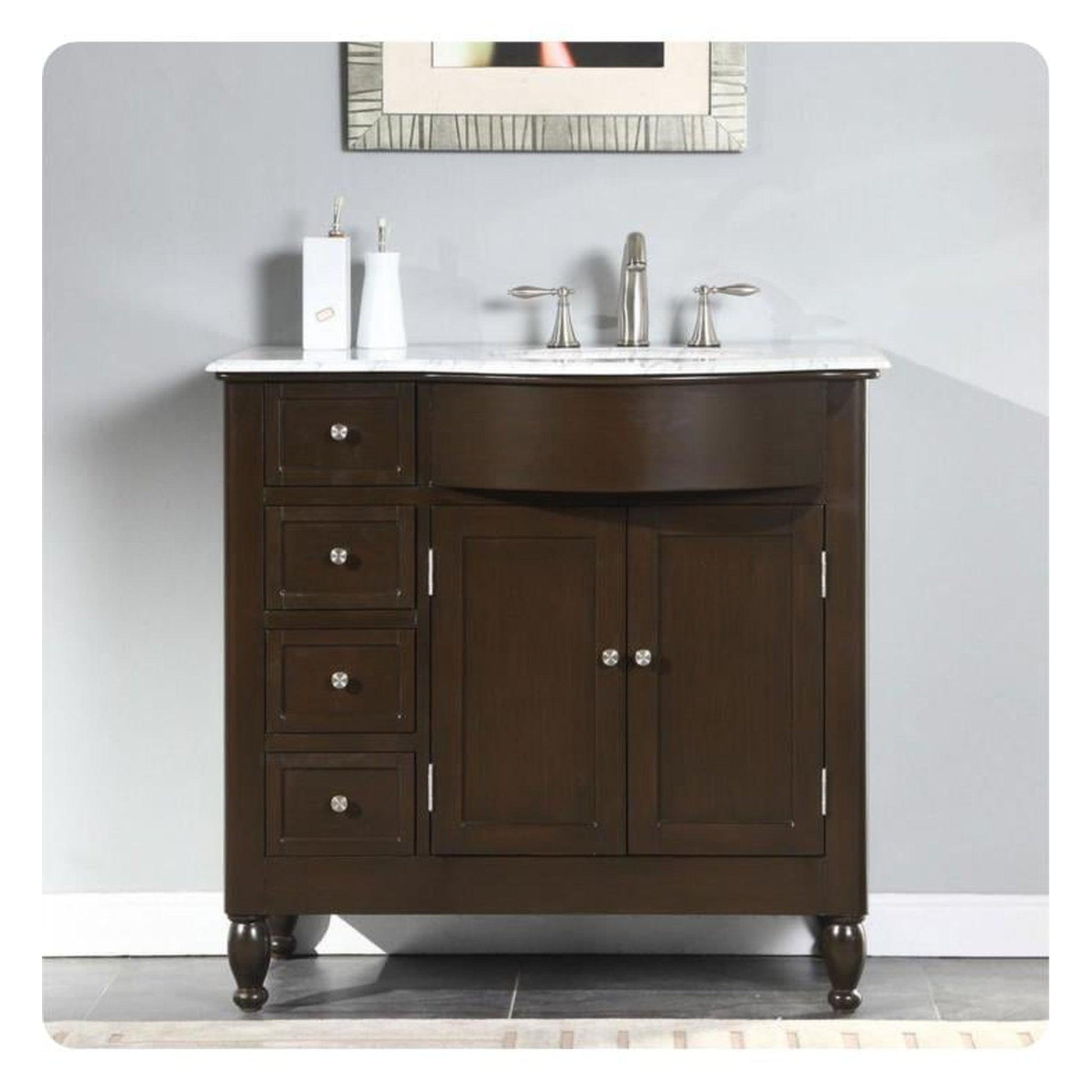 Silkroad Exclusive 38" Single Right Sink Dark Walnut Bathroom Vanity With Carrara White Marble Countertop and White Ceramic Undermount Sink