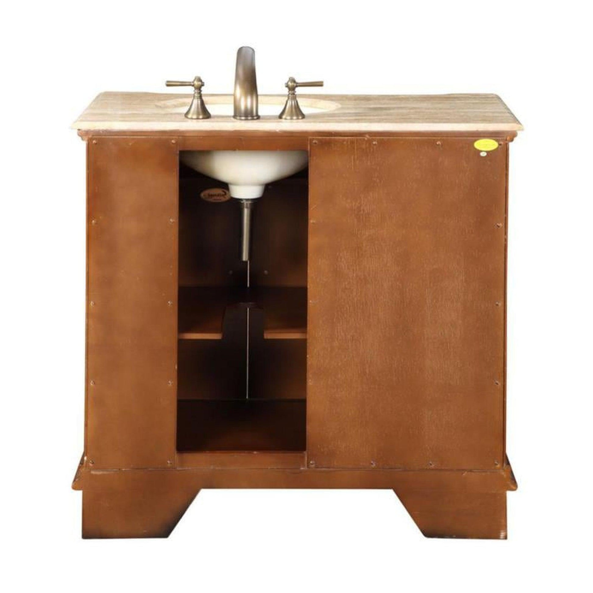 Silkroad Exclusive 38" Single Right Sink Walnut Bathroom Vanity With Travertine Countertop and Ivory Ceramic Undermount Sink