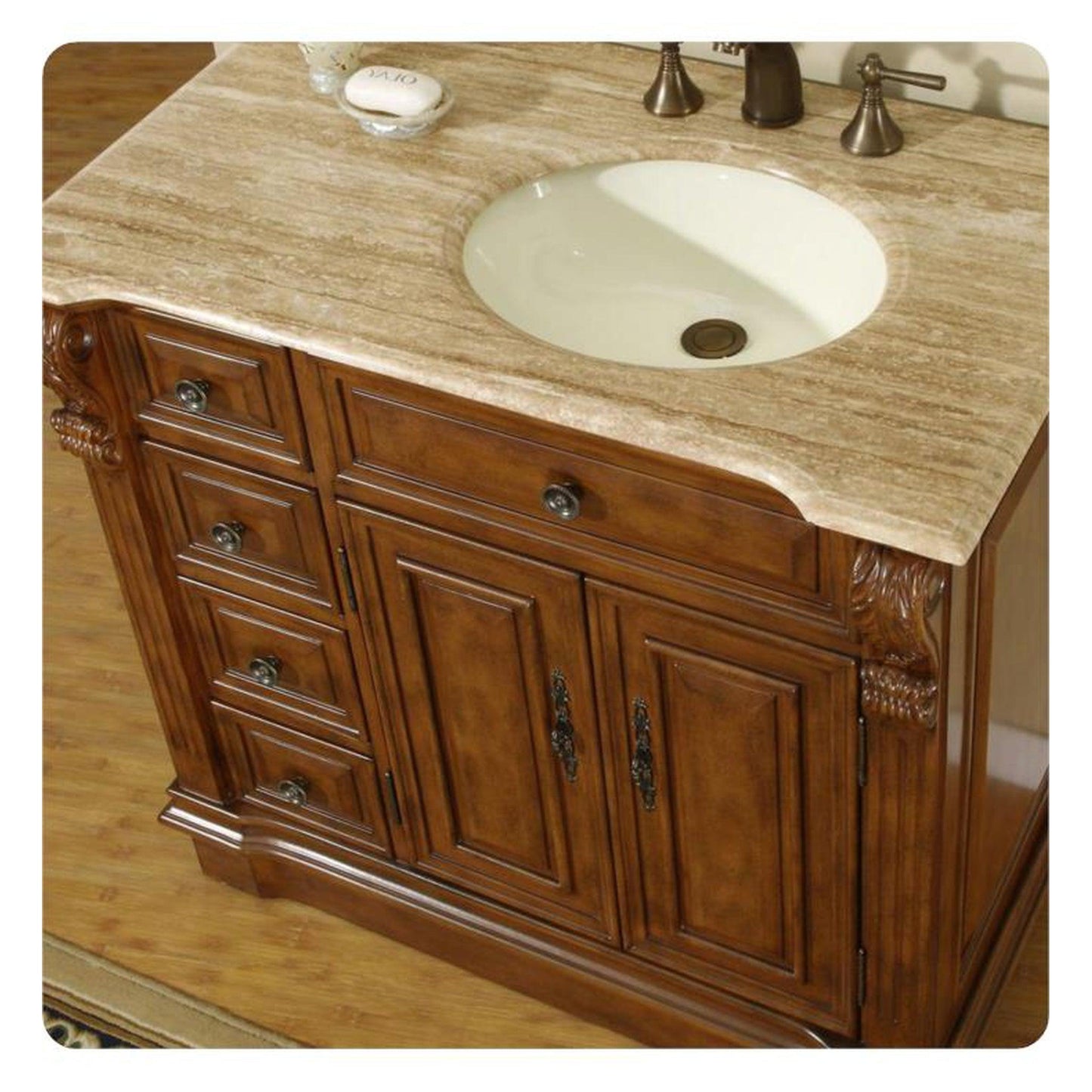 Silkroad Exclusive 38" Single Right Sink Walnut Bathroom Vanity With Travertine Countertop and Ivory Ceramic Undermount Sink