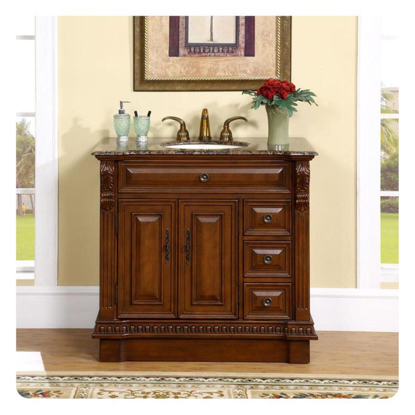 Silkroad Exclusive 38" Single Sink English Chestnut Bathroom Vanity With Baltic Brown Granite Countertop and Ivory Ceramic Undermount Sink