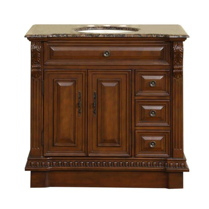 Silkroad Exclusive 38" Single Sink English Chestnut Bathroom Vanity With Baltic Brown Granite Countertop and Ivory Ceramic Undermount Sink