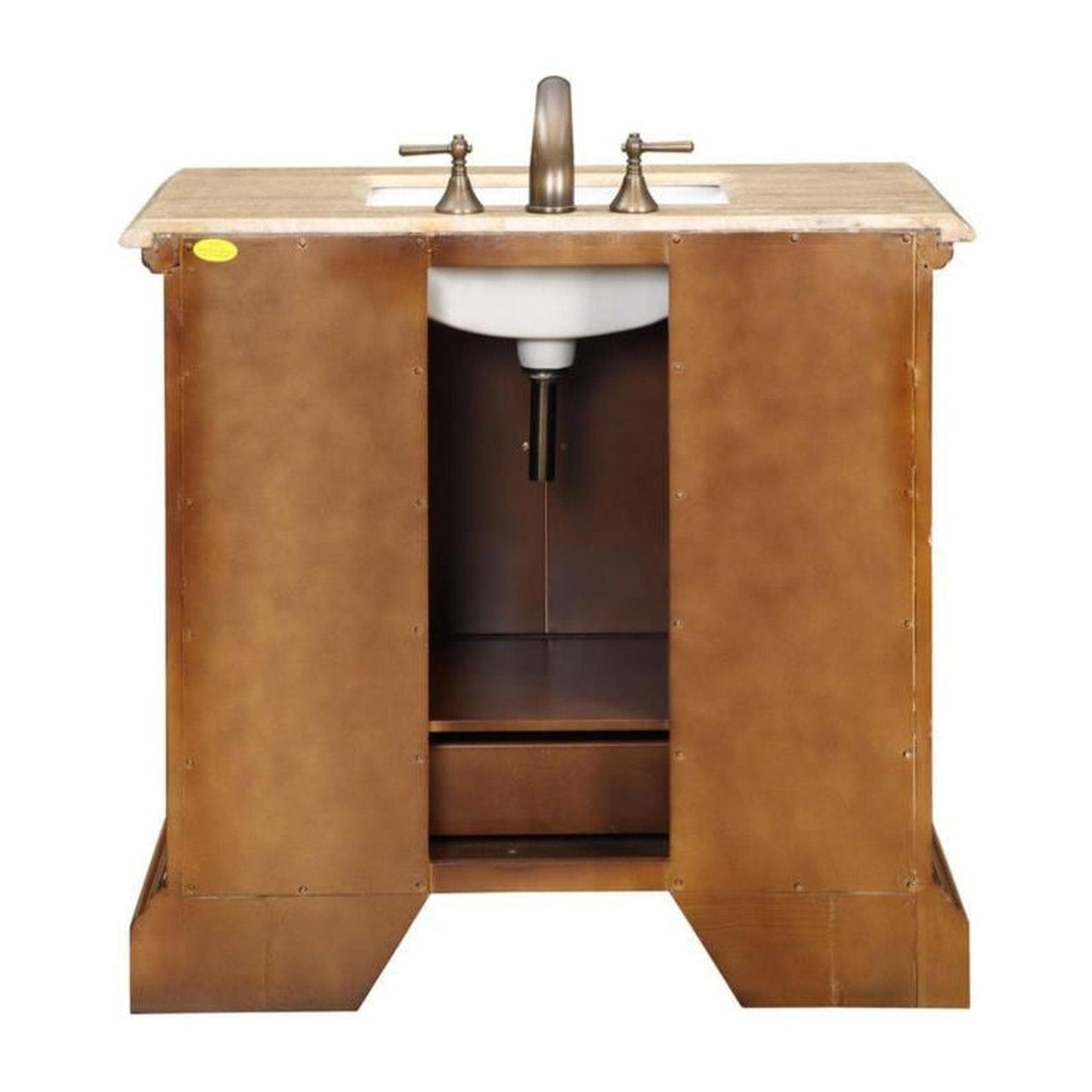 Silkroad Exclusive 39" Single Sink Cherry Bathroom Vanity With Travertine Countertop and White Ceramic Undermount Sink