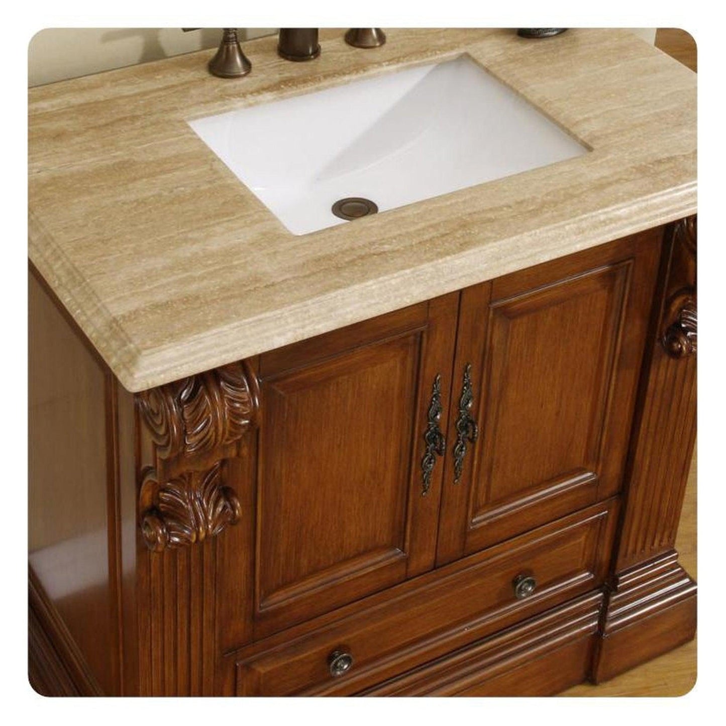 Silkroad Exclusive 39" Single Sink Cherry Bathroom Vanity With Travertine Countertop and White Ceramic Undermount Sink