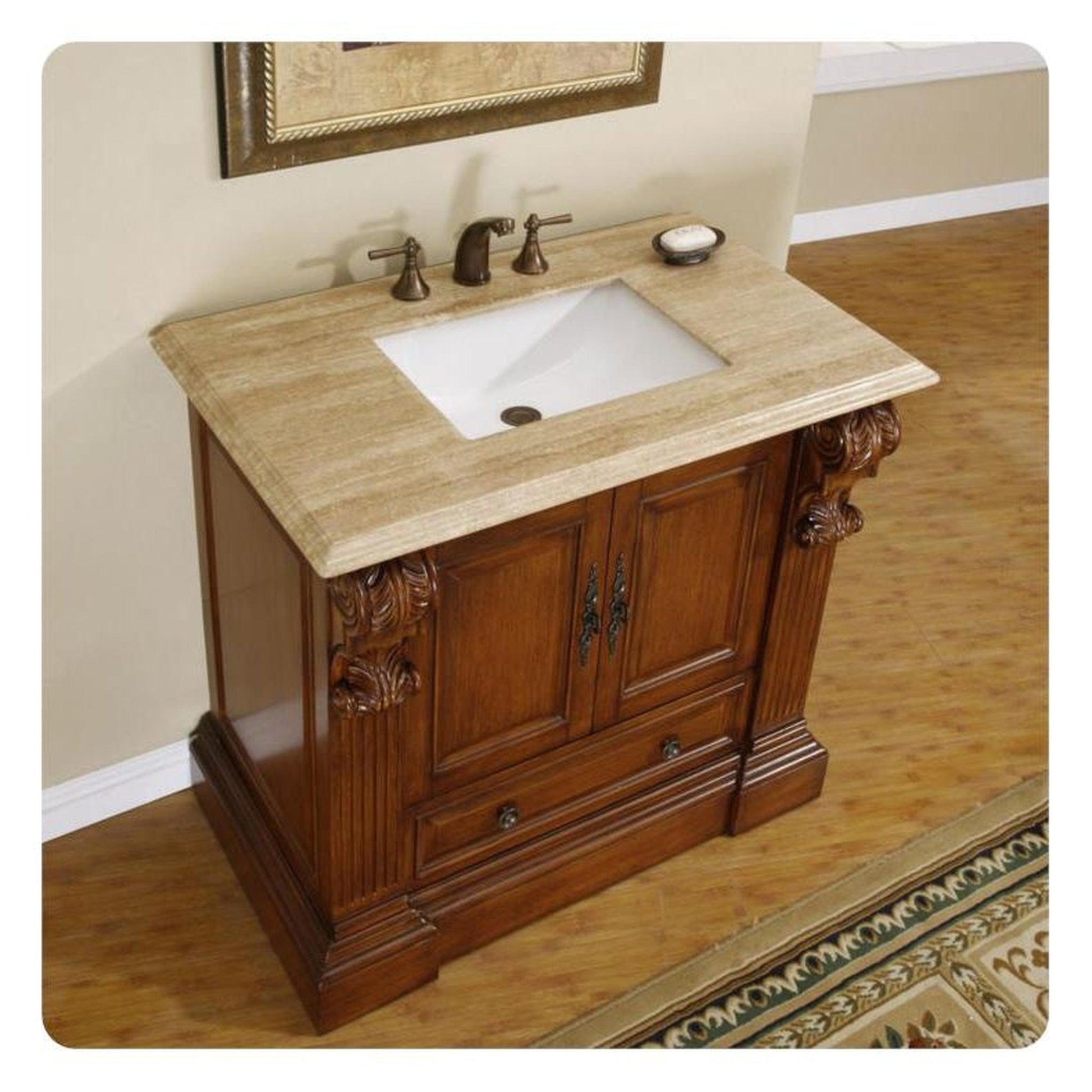 Silkroad Exclusive 39" Single Sink Cherry Bathroom Vanity With Travertine Countertop and White Ceramic Undermount Sink