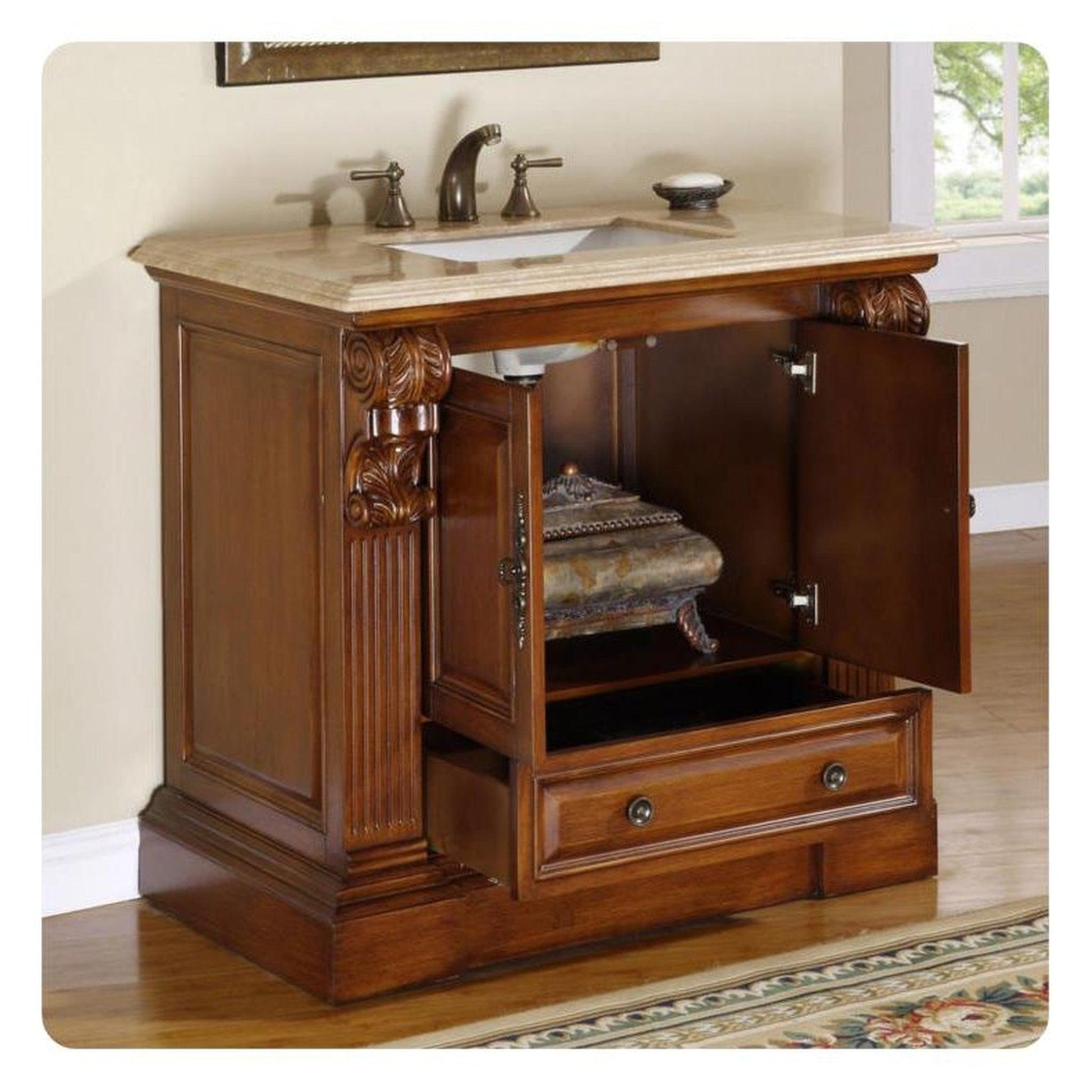 Silkroad Exclusive 39" Single Sink Cherry Bathroom Vanity With Travertine Countertop and White Ceramic Undermount Sink