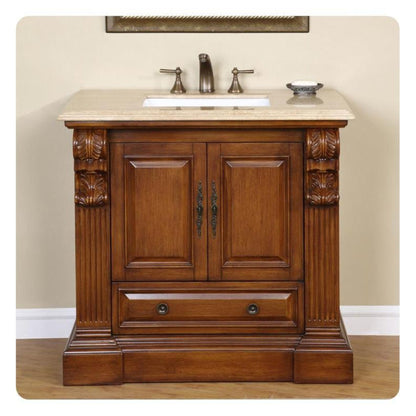 Silkroad Exclusive 39" Single Sink Cherry Bathroom Vanity With Travertine Countertop and White Ceramic Undermount Sink