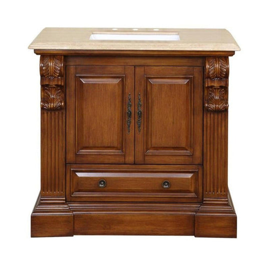 Silkroad Exclusive 39" Single Sink Cherry Bathroom Vanity With Travertine Countertop and White Ceramic Undermount Sink