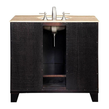 Silkroad Exclusive 40" Single Sink Dark Espresso Bathroom Vanity With Travertine Countertop and White Ceramic Undermount Sink