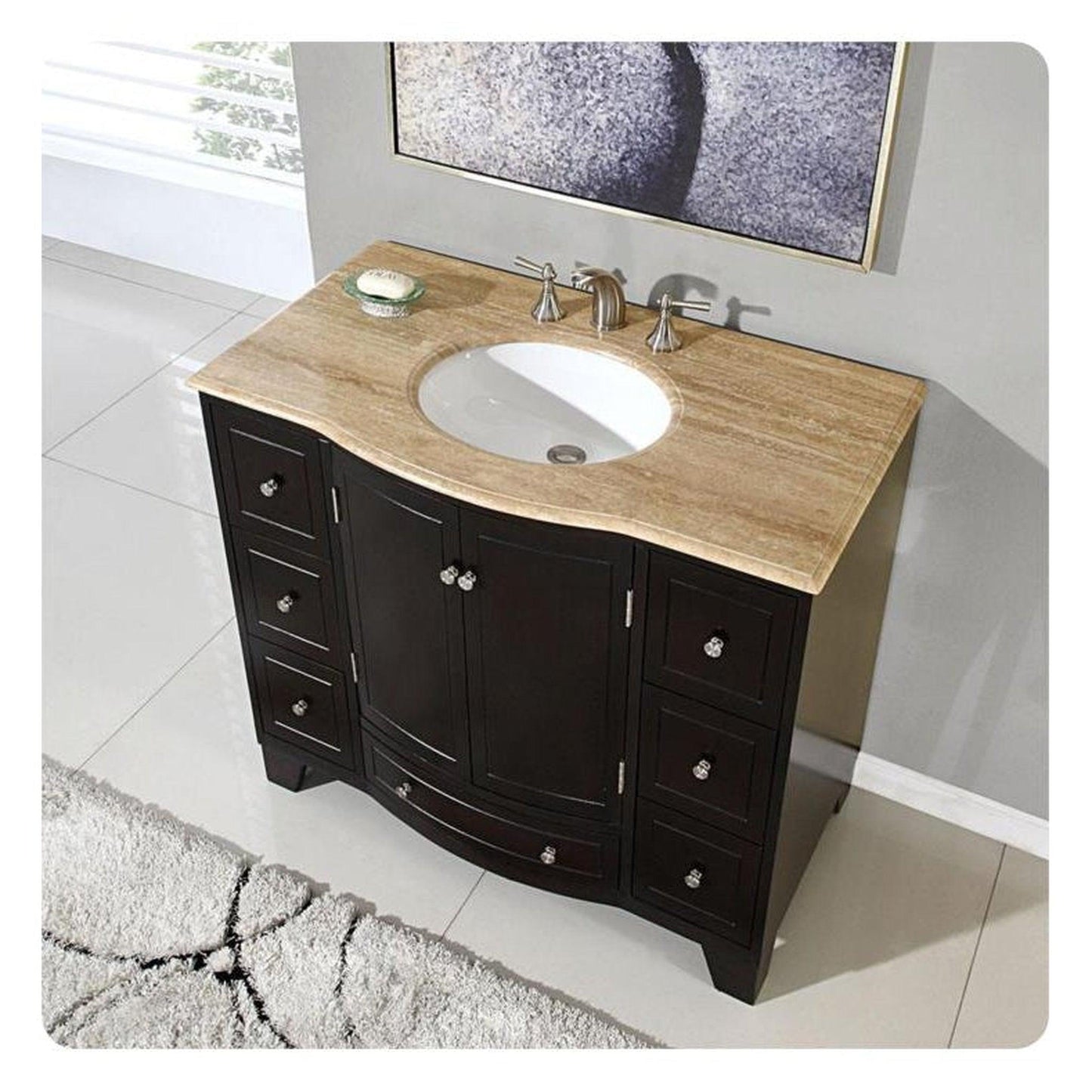 Silkroad Exclusive 40" Single Sink Dark Espresso Bathroom Vanity With Travertine Countertop and White Ceramic Undermount Sink