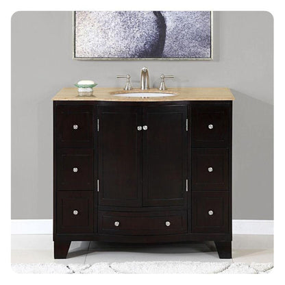 Silkroad Exclusive 40" Single Sink Dark Espresso Bathroom Vanity With Travertine Countertop and White Ceramic Undermount Sink