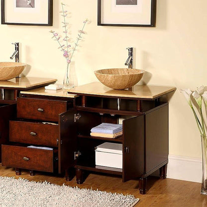 Silkroad Exclusive 47" Single Sink Dark Chestnut Bathroom Vanity With Travertine Countertop and Travertine Round Vessel Sink