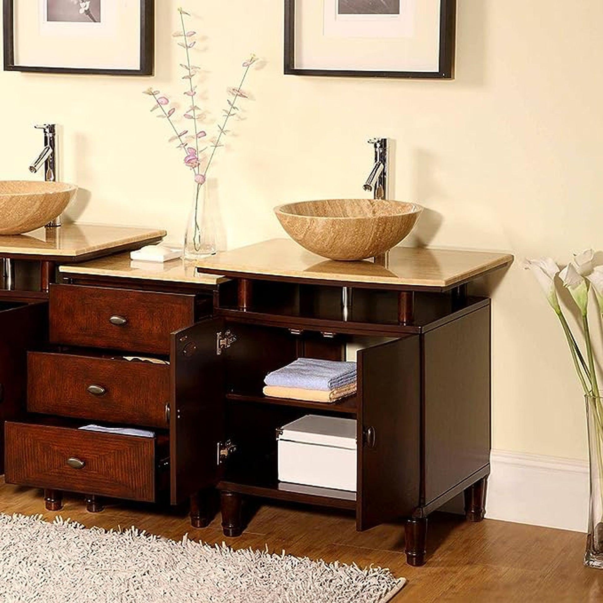 Silkroad Exclusive 47" Single Sink Dark Chestnut Modular Bathroom Vanity With Travertine Bevel Edge Countertop and Drawer Bank Cabinet