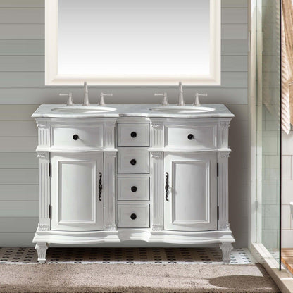 Silkroad Exclusive 48" Double Sink Antique White Bathroom Vanity With Carrara White Marble Countertop and White Ceramic Undermount Sink