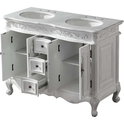 Silkroad Exclusive 48" Double Sink Antique White Bathroom Vanity With Carrara White Marble Countertop and White Ceramic Undermount Sink