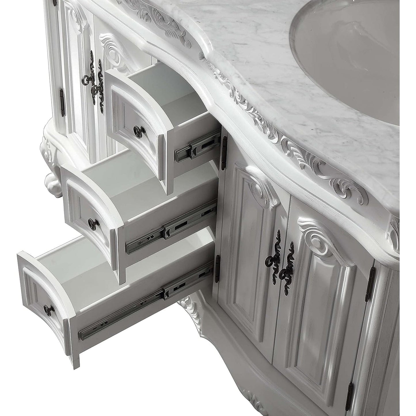 Silkroad Exclusive 48" Double Sink Antique White Bathroom Vanity With Carrara White Marble Countertop and White Ceramic Undermount Sink